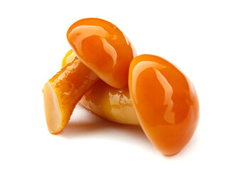 Tasty pickled mushrooms are isolated on a white background. Pickled honey fungus.