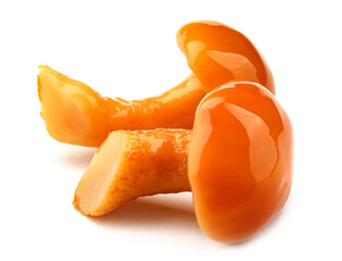 Tasty pickled mushrooms are isolated on a white background. Pickled honey fungus.