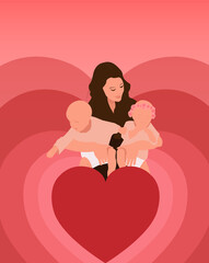 mom holds twins in her arms, vector illustration