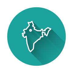 White line India map icon isolated with long shadow. Green circle button. Vector