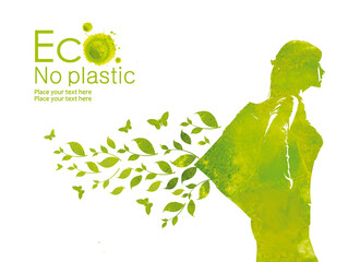 Illustration environmentally friendly planet. Plastic free Ecological poster. Say NO to plastic and polyethylene bags. A person with green shopping bag. Ban plastic pollution. Biodegradable bag.