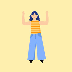 A girl with raised hands with blue hair in bright clothes. Vector flat illustration 