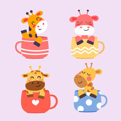Cute giraffe in coffee cup cartoon illustration