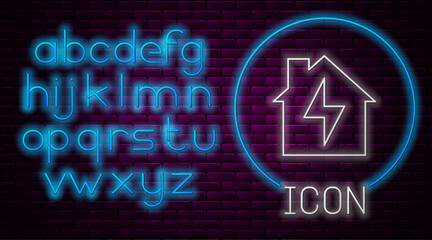 Glowing neon line House and lightning icon isolated on brick wall background. Home energy. Neon light alphabet. Vector