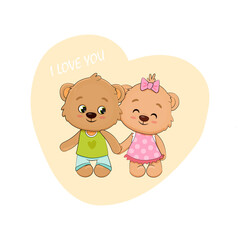 Cute teddy bears with heart on a white background