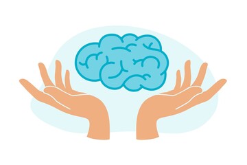 Human hands hold human brain. Mental health treatment. Psychology, emotion and psychotherapy concept. World mental health day.Vector illustration for learning, problem solving, trainings, courses.