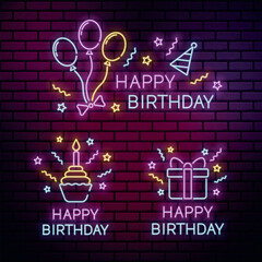 Set of neon happy birthday vector illustration  © Olha