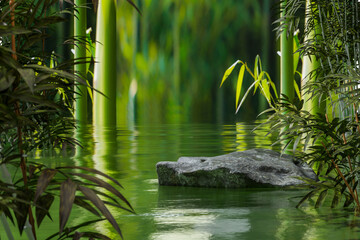 Natural rock podium with water surround with bamboo environment - obrazy, fototapety, plakaty