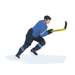 Ice hockey player in protective sportswear and helmet with a hockey stick on skates.
