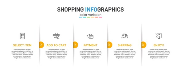 Concept of shopping process with 5 successive steps. Five colorful graphic elements. Timeline design for brochure, presentation, web site. Infographic design layout.