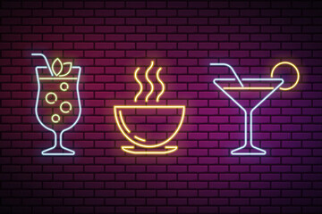 Set of neon drinks on break wall. Vector illustration.