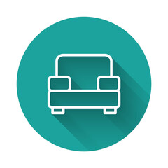 White line Armchair icon isolated with long shadow. Green circle button. Vector