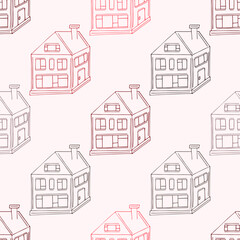 Cozy houses pattern, doodle houses pattern, colorful houses background, hand-drawn wrapping paper, cozy cottage vector seamless pattern
