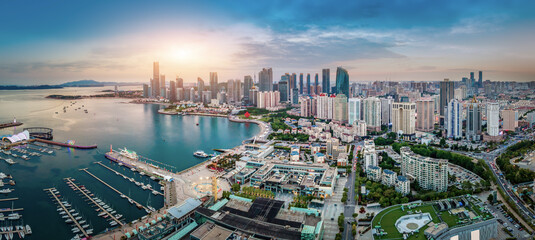 Fototapeta premium Aerial photography of architectural landscape skyline along Qingdao urban coastline