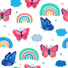 Seamless pattern with hand drawn rainbows and bright butterflies. Kids texture for fabric, wrapping, textile, wallpaper. Cartoon Vector Illustration.