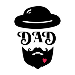 Vintage Dad label with beard and mustache. Hipster man with retro hat. Logo with daddy face for Fathers Day. Holiday poster with typography sign.