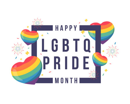 Happy LGBTQ pride month text in frame with around rainbow hearts, firework and party ribbon vector design