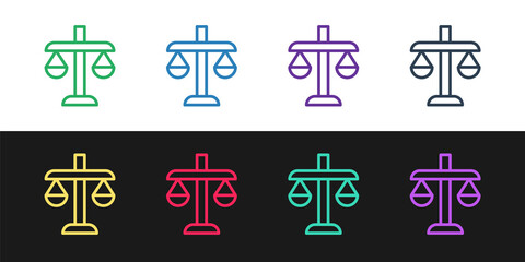 Set line Scales of justice icon isolated on black and white background. Court of law symbol. Balance scale sign. Vector