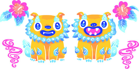 沖縄　二体のシーサーのイラスト　ハイビスカス