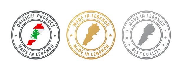 Obraz premium Made in Lebanon - set of stamps with map and flag. Best quality. Original product.