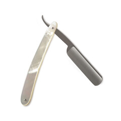 folding razor with mother of pearl handle and steel blade, isolated on white background
