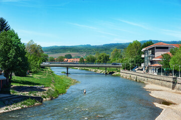 Fototapeta premium Vlasotince, Serbia - 05 15 2021: Vlasotince panorama during the spring time
