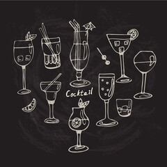 Set of alcoholic cocktails or drinks. Isolated black and white wine glasses in sketch style. Hand drawing. Vector illustration