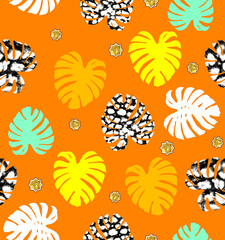 Cute Tropical Leaves Abstract Pattern Seamless Design Element with Trendy Fashion Colors Elegant Concept Perfect for Fabric Print Wrapping Paper