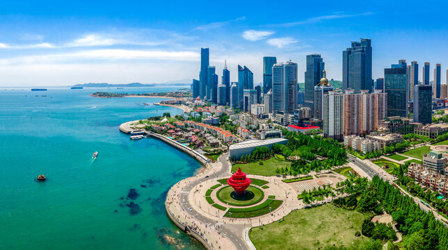 Aerial photography of architectural landscape skyline along Qingdao urban coastline