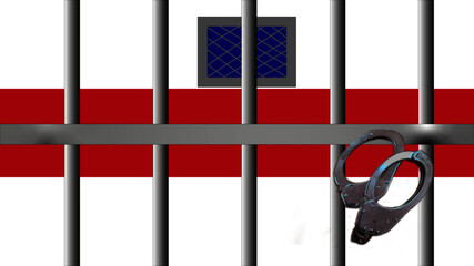 Flaga historyczna Białorusi, będąca symbolem opozycji umieszczona za kratami celi więziennej.
