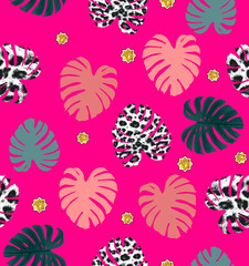 Cute Tropical Leaves Abstract Pattern Seamless Design Element with Trendy Fashion Colors Elegant Concept Perfect for Fabric Print Wrapping Paper