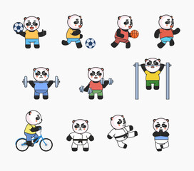 Fototapeta na wymiar Set of panda characters doing various sports. Cute panda running, playing football, basketball, riding bike and showing other actions. Vector illustration bundle