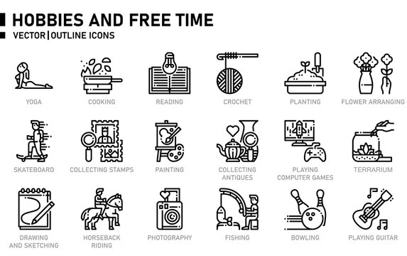 Hobbies and Free Time icon set for website, application, printing, document, poster design, etc.