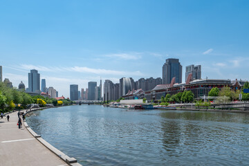 Street View of modern architecture along Haihe River in Tianjin