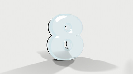 Number eight smooth blue glass on white background 3D illustration.