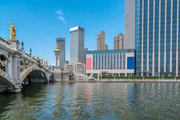 Street View of modern architecture along Haihe River in Tianjin