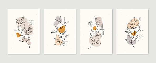 Botanical wall art vector set. Minimal and natural wall art. Boho foliage line art drawing with abstract shape. Abstract Plant Art design for print, wallpaper, cover. Modern vector illustration. © shendart