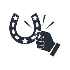 Pounding the horseshoe with your fist. Summon, try your luck. Vector icon isolated on white background.