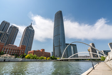 Street View of modern architecture along Haihe River in Tianjin