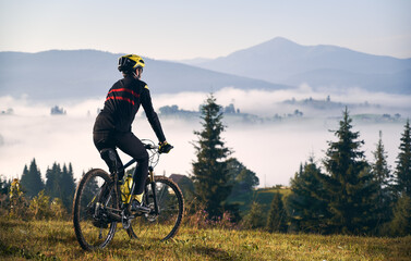 Back view of man in cycling suit riding bicycle on grassy hill. Male bicyclist in safety helmet...