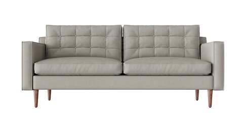 2 seat fabric beige color sofa with wood legs on white background. front view. isolate background.