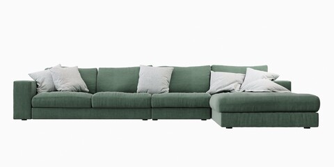 4 seat green color fabric sofa with pillow on white background. front view.isolate background.