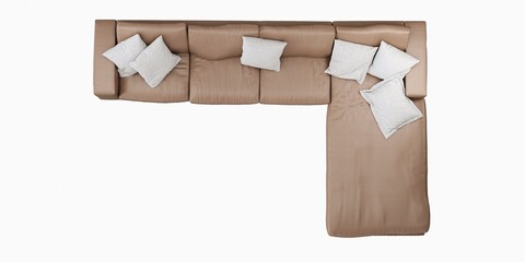 4 seat brown color leather sofa with pillow on white background. top view.isolate background.