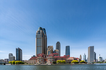 Naklejka premium Street View of modern architecture along Haihe River in Tianjin