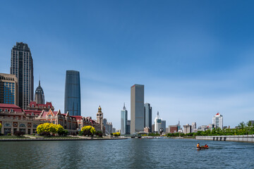 Street View of modern architecture along Haihe River in Tianjin