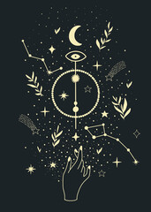 Cosmic minimalistic background. Contemporary modern minimalistic boho background with stars, comets shapes. Trendy vector illustration