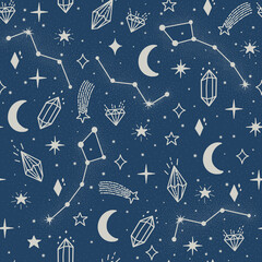Cosmic minimalistic seamless pattern. Contemporary modern minimalistic seamless pattern. Space boho background with stars, comets shapes. Trendy vector illustration perfect for prints