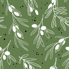 Modern minimalistic seamless pattern. Contemporary green background with olives branches shapes. Trendy vector illustration perfect for prints, fabric, wrapping paper, textile, wallpaper.
