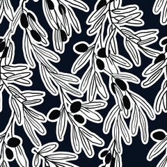 Modern minimalistic seamless pattern. Contemporary background with olives branches shapes on  navy blue background. Trendy illustration perfect for prints, fabric, wrapping paper, textile, wallpaper.