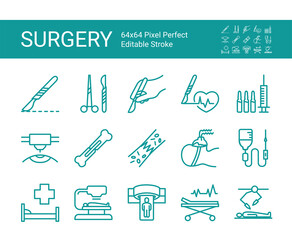 Set of vector line icons of surgery. Editable vector stroke. 64x64 Pixel Perfect.